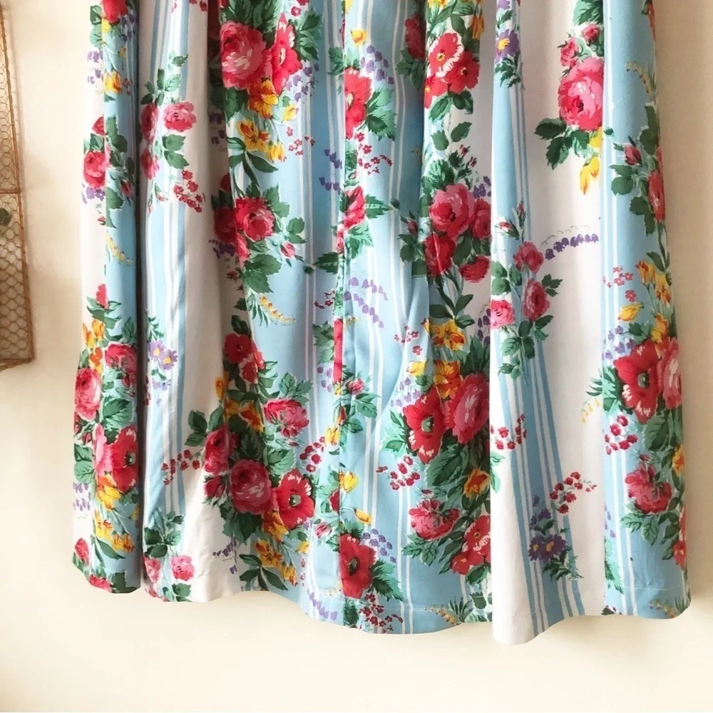 Vintage 90s Prairie Cottagecore Floral Striped Rayon Midi Skirt Belted Size 10